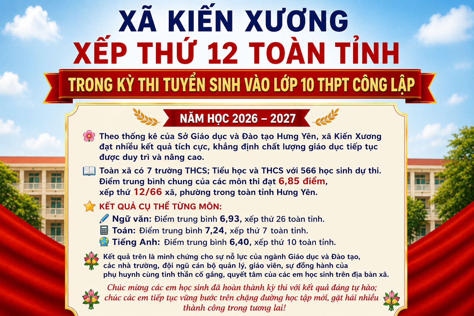 Xã Kiến Xương xếp thứ 12 toàn tỉnh trong kỳ thi tuyển sinh vào lớp 10 THPT công lập năm học 2026-2027